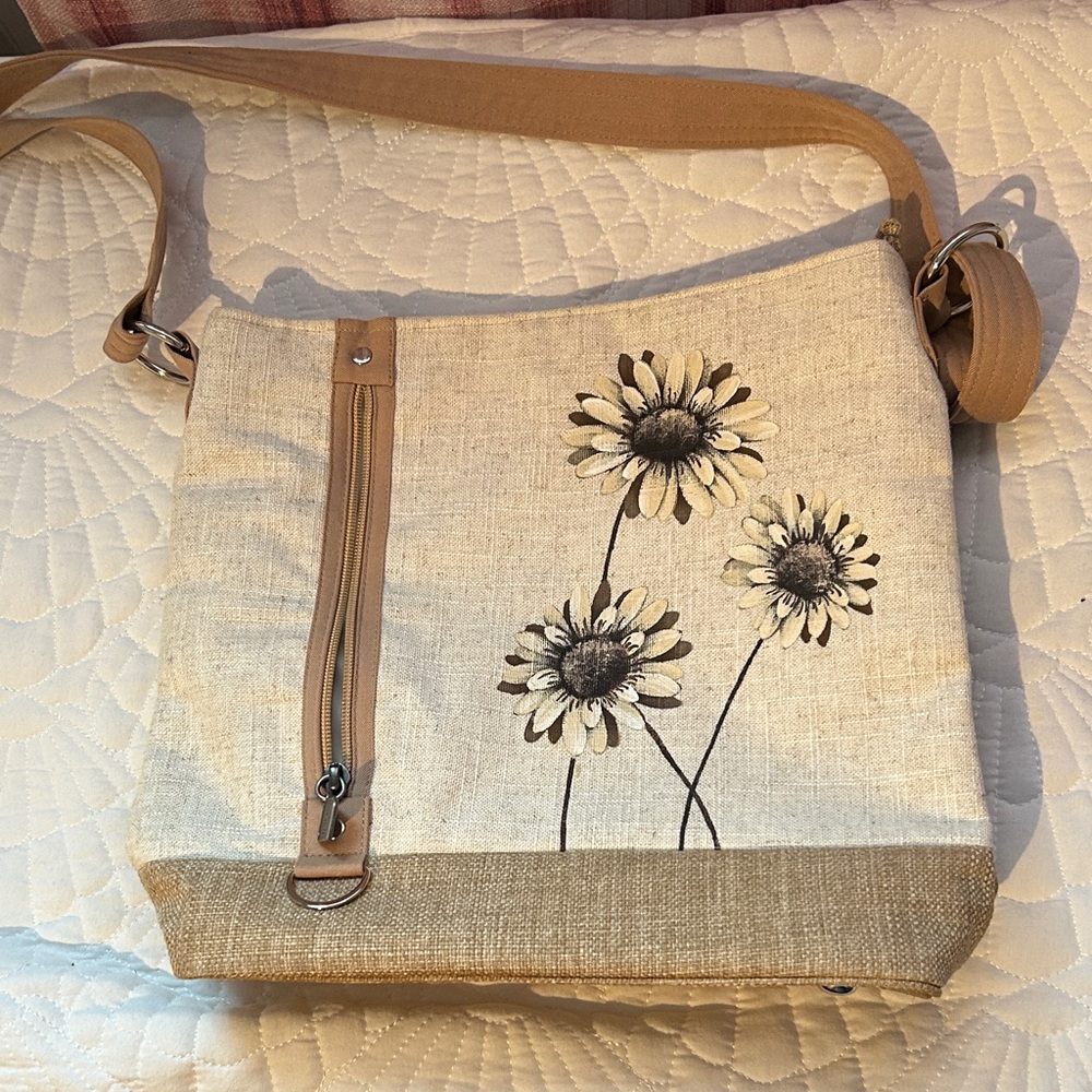 Floral Canvas Crossbody Bag - Tan and Cream